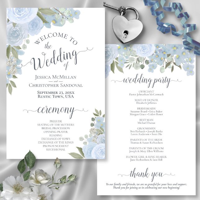 Dusty Blue Watercolor Roses Budget Wedding Program (In Situ Front and Back)