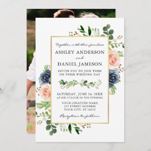Dusty Blue Watercolor Roses Photo Back Wedding Invitation