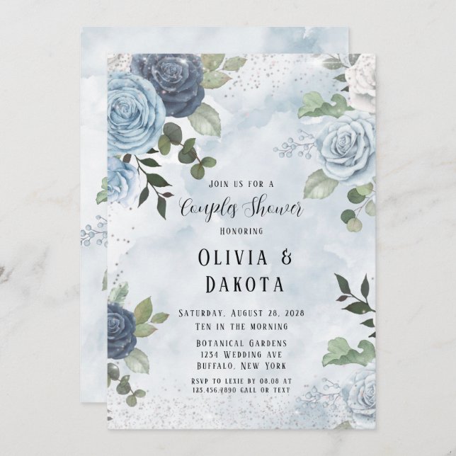Dusty Blue Watercolor Rustic Floral Couples Shower Invitation (Front/Back)