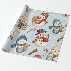 Dusty Blue Watercolor Snowman Cocoa Christmas Wrapping Paper