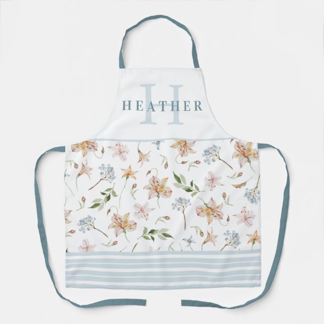 Dusty Blue Watercolor Spring Floral Monogrammed Ap Apron (Front)