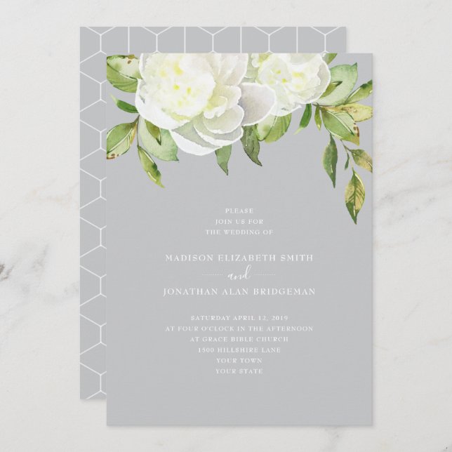 Dusty Blue Watercolor Spring Floral Peony Wedding Invitation (Front/Back)
