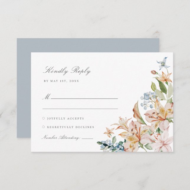 Dusty Blue Watercolor Spring Floral Wedding RSVP Card (Front/Back)