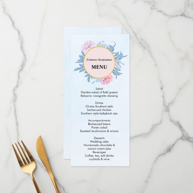 Dusty Blue Watercolor Succulent Graduation Dinner Menu (Front/Back In Situ)
