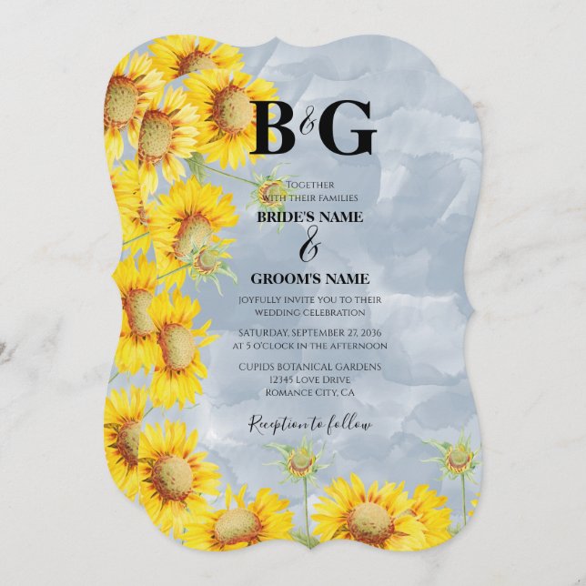 Dusty Blue Watercolor Sunflowers Monogram Wedding  Invitation (Front/Back)