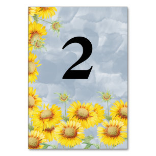 Dusty Blue Watercolor Sunflowers Monogram Wedding Table Number