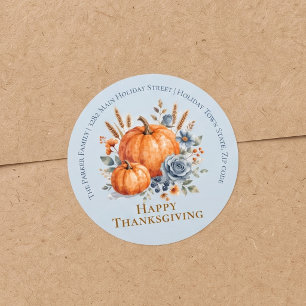 Dusty Blue Watercolor Thanksgiving Return Address Classic Round Sticker