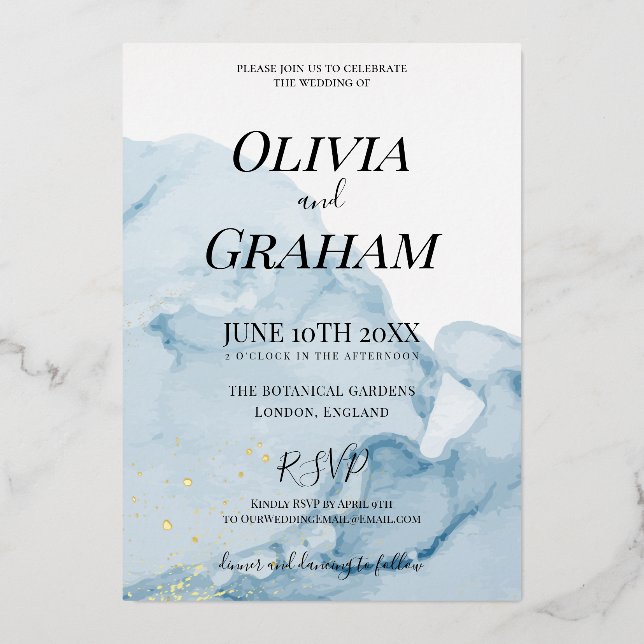 Dusty Blue Watercolor Traditional Gold Invitation (Front)