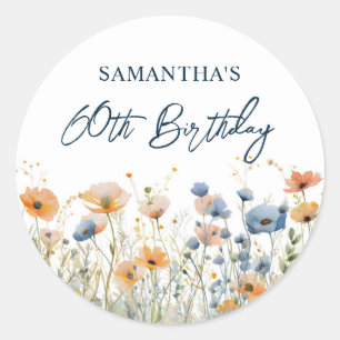 Dusty Blue Watercolor Wildflower 60th Birthday Classic Round Sticker