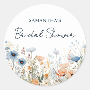 Dusty Blue Watercolor Wildflower Bridal Shower Classic Round Sticker