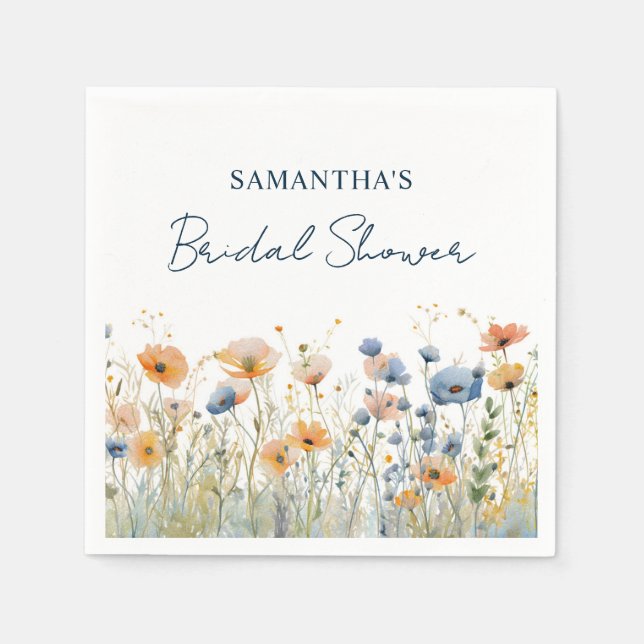Dusty Blue Watercolor Wildflower Bridal Shower Napkin (Front)