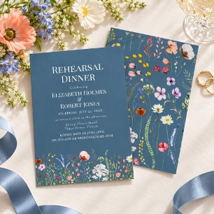 Dusty Blue Watercolor Wildflower Rehearsal Dinner Invitation