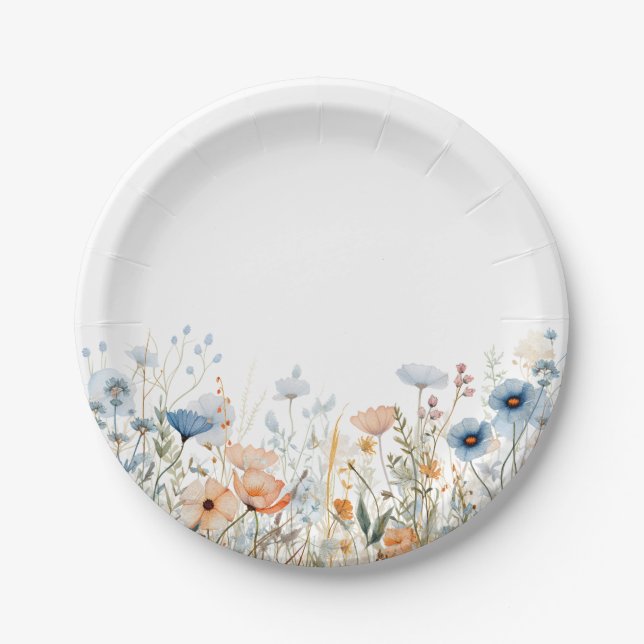 Dusty Blue Watercolor Wildflower Wedding Paper Plate (Front)