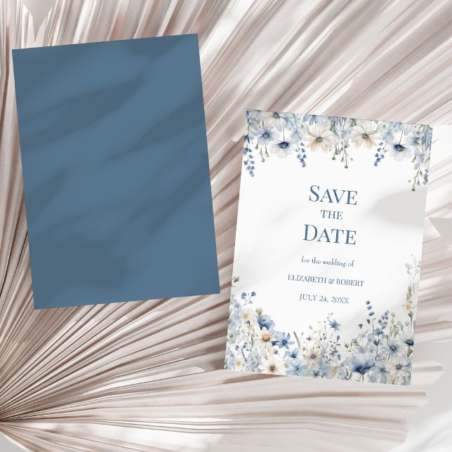 Dusty Blue Watercolor Wildflowers Save The Date Invitation (Dusty Blue Watercolor Wildflowers Save The Date Invitation on a neutral dry palm leaf.)