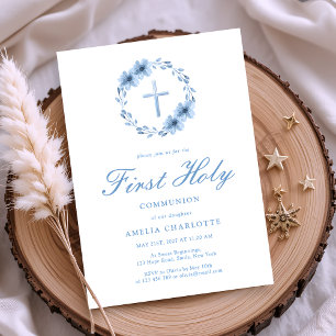 Dusty Blue Watercolor Wreath First Communion Invitation
