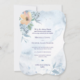 Dusty Blue Watercolored Peach Wild Rose Invitation