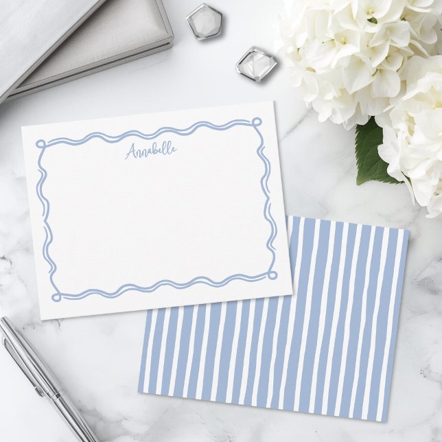 Dusty Blue Wavy Border Personalised Name Card (Dusty Blue Wavy Border Personalized Name Note Card)