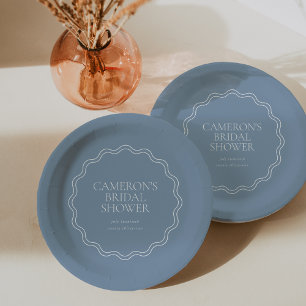 Dusty Blue Wavy Scallop Border Bridal Shower Paper Plate