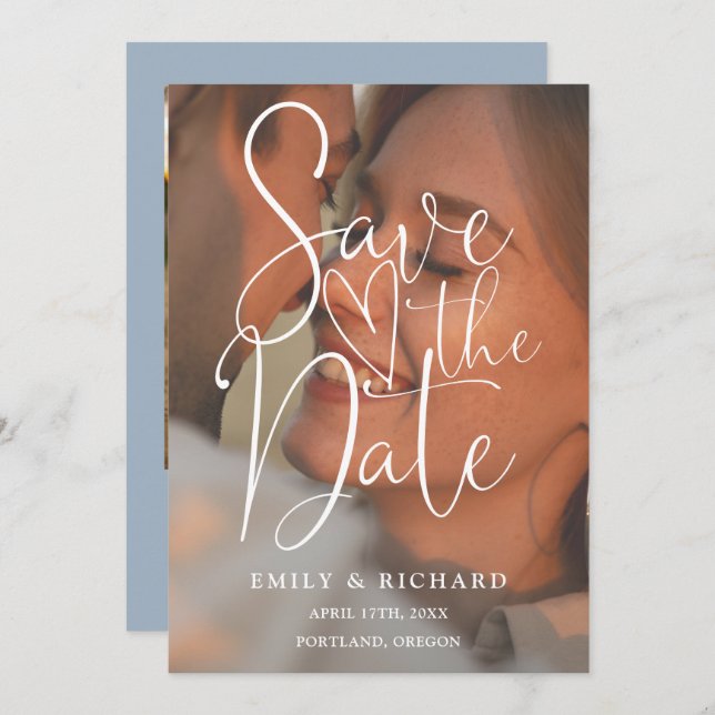 Dusty Blue Wedding 2 Photo Elegant Script Save The Date (Front/Back)