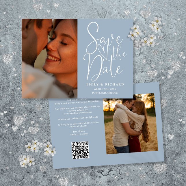Dusty Blue Wedding 2 Photo QR Code Elegant Script Save The Date (Creator Uploaded)