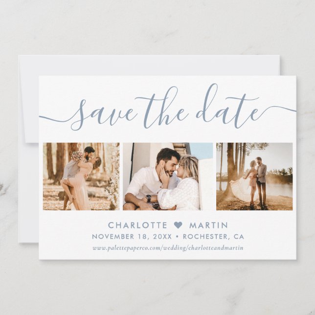 Dusty Blue Wedding 4 Photo Save The Date (Front)