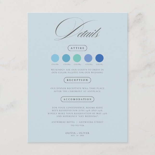 Dusty blue wedding attire dress code cards (Front)