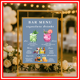 Dusty Blue Wedding Bar Menu  Poster
