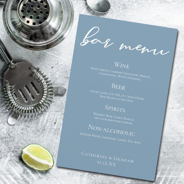 Dusty Blue Wedding Bar Menu w/ White Typography (Creator Uploaded)