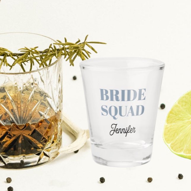 Dusty Blue Wedding Bride Squad Personalized Shot Glass (In Situ)