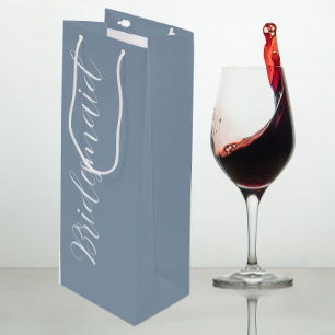 Dusty Blue Wedding Bridesmaid Stylised Script Wine Gift Bag