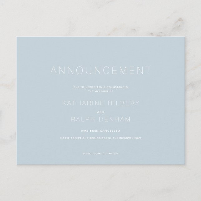 Dusty Blue Wedding Cancellation Announcement Postcard (Front)