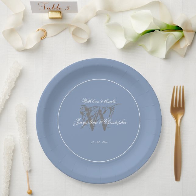 Dusty Blue Wedding Chic Grey Monogram White Script Paper Plate (Wedding)