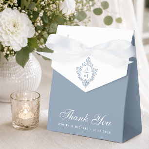 Dusty Blue Wedding Crest Monogram White Thank You Favour Box