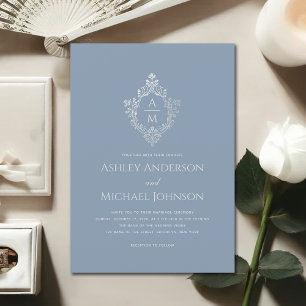 Dusty Blue Wedding Crest Vintage Monogram Elegant  Invitation