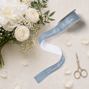 Dusty Blue Wedding Elegant Script Calligraphy Satin Ribbon