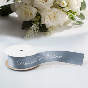 Dusty Blue Wedding Elegant Script Calligraphy Satin Ribbon