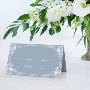 Dusty Blue Wedding Elegant Vintage Faux Silver Place Card