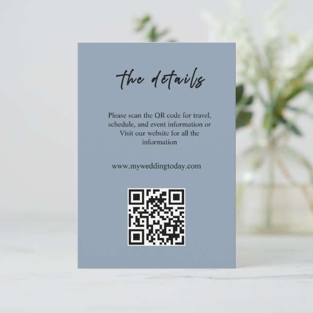 Dusty Blue Wedding Enclosure Card with QR Code (Standing Front)