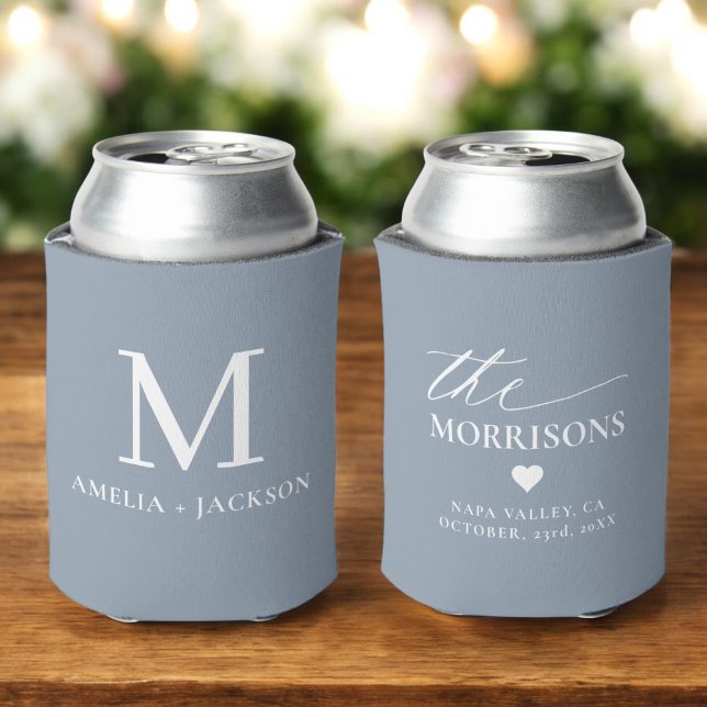 Dusty Blue Wedding Favour Monogram Name Heart Can Cooler (Creator Uploaded)