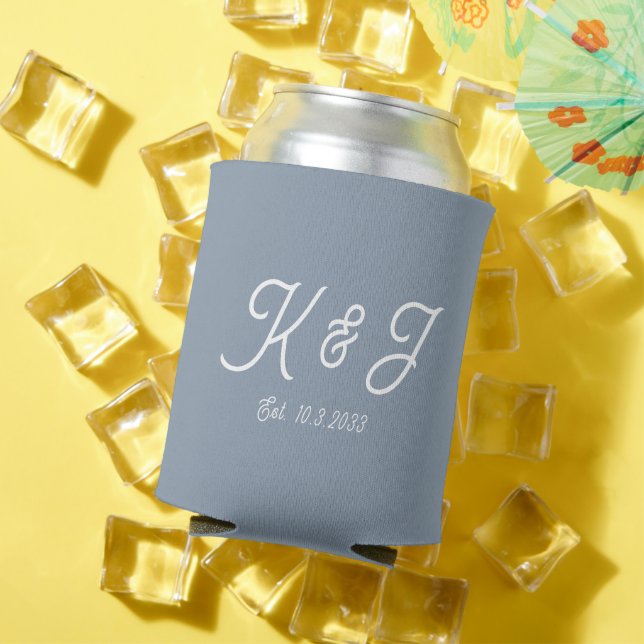 Dusty Blue Wedding Favour Monogrammed Can Cooler (In Situ Summer)