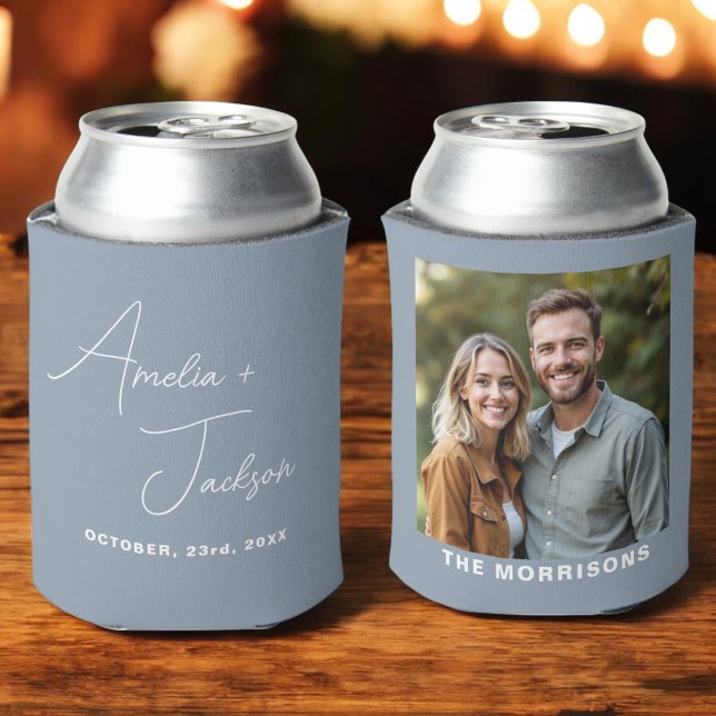 Dusty Blue Wedding Favour Photo Modern Minimalist  Can Cooler (Creator Uploaded)