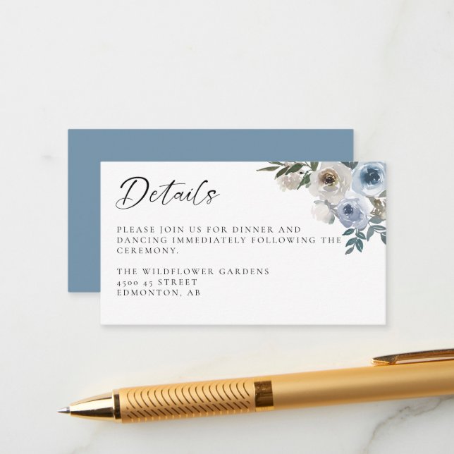 Dusty Blue Wedding Floral Details Reception Script Enclosure Card (Front/Back In Situ)