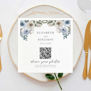 Dusty Blue Wedding Floral Share Photos QR Code Napkin