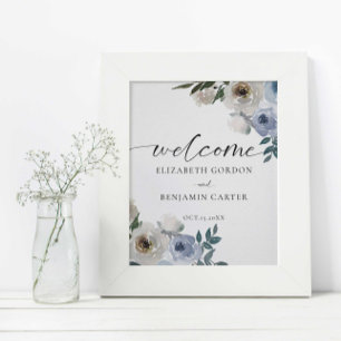Dusty Blue Wedding Floral Welcome Elegant Poster