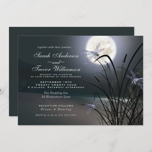 Dusty Blue Wedding Full Moon Dragonfly Pond Invitation (Front/Back)