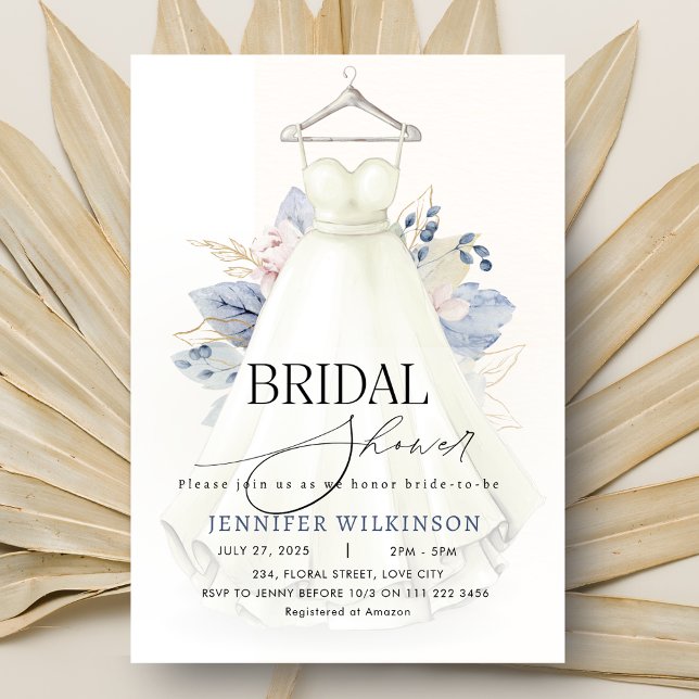 Dusty Blue Wedding Gown Dress Bridal Shower Invitation (Dusty Blue Wedding Gown Dress Bridal Shower Invitation)