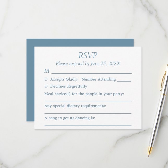 Dusty Blue Wedding Guest Choices RSVP Card (Front/Back In Situ)