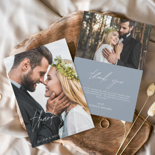 Dusty Blue Wedding Handwritten Thank You 2 Photos Card