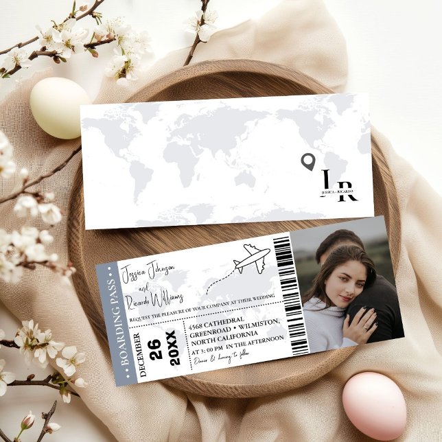 Dusty blue Wedding invitation Boarding pass ticket (Creator Uploaded)
