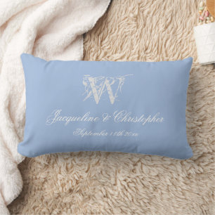 Dusty Blue Wedding Keepsake Monogram Script Names Lumbar Cushion